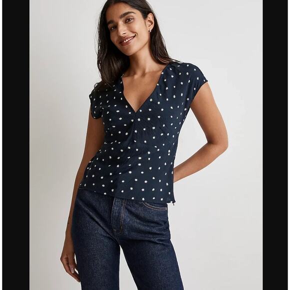 Madewell Top Womens 8 Navy Ditsy Floral V Neck Cap Sleeve Romantic Feminine - Picture 1 of 12